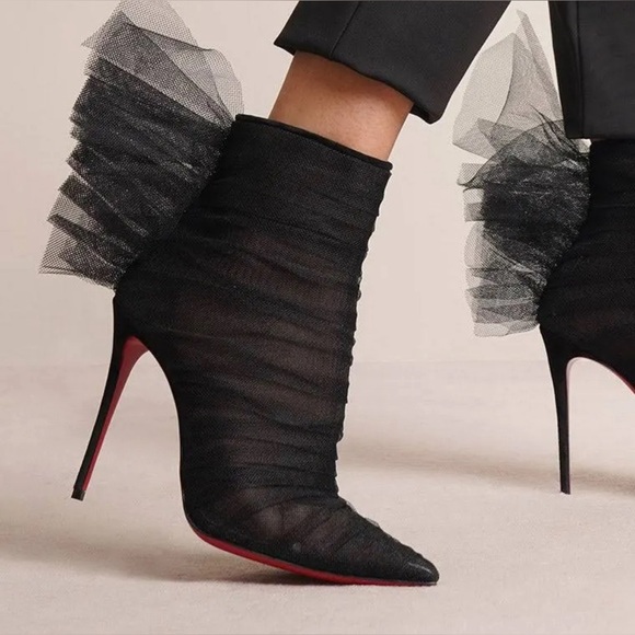 Christian Louboutin Libellibooty 100 Black Mesh Tulle Ankle Boot Pumps - Picture 2 of 12